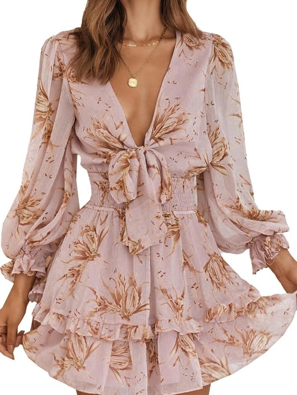 Women's Blush Floral Tie-Front Long Sleeve Mini Dress